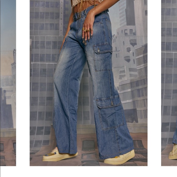 JADED LONDON WASHED CHAMBRAY DENIM SKATER FITCARGO JEANS - Picture 3 of 3